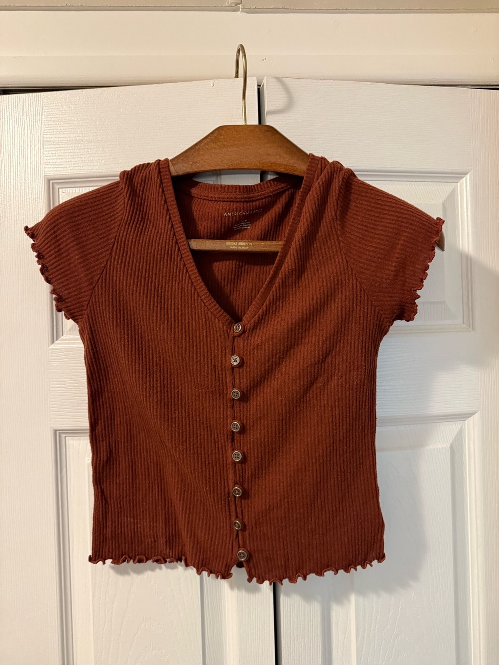 American Eagle Outfitters Rust Ribbed Button-Front Crop Top